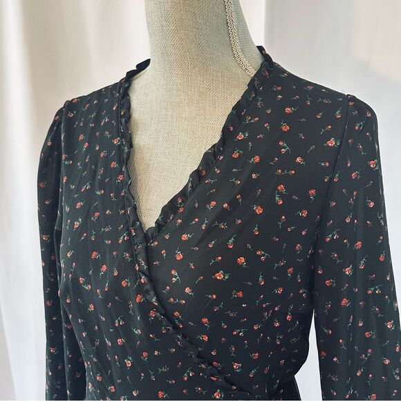 New 1Francesca’s Dorinda SZ M Lined Tiny Rose Wrap Black Mini Dress Wedding - Picture 11 of 16